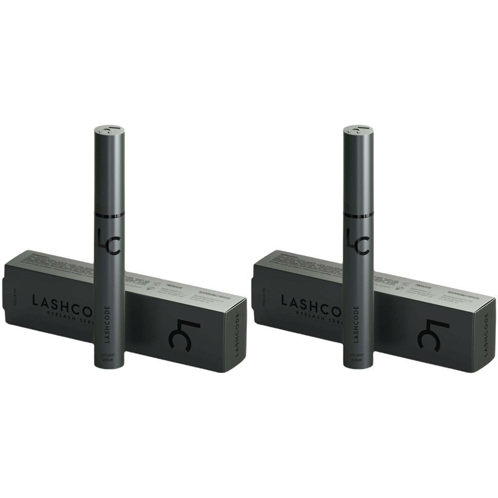 Deux sérums pour cils gris avec boîtes noires. Le nom de la marque LC et LASHCODE est visible sur les boîtes et les sérums.