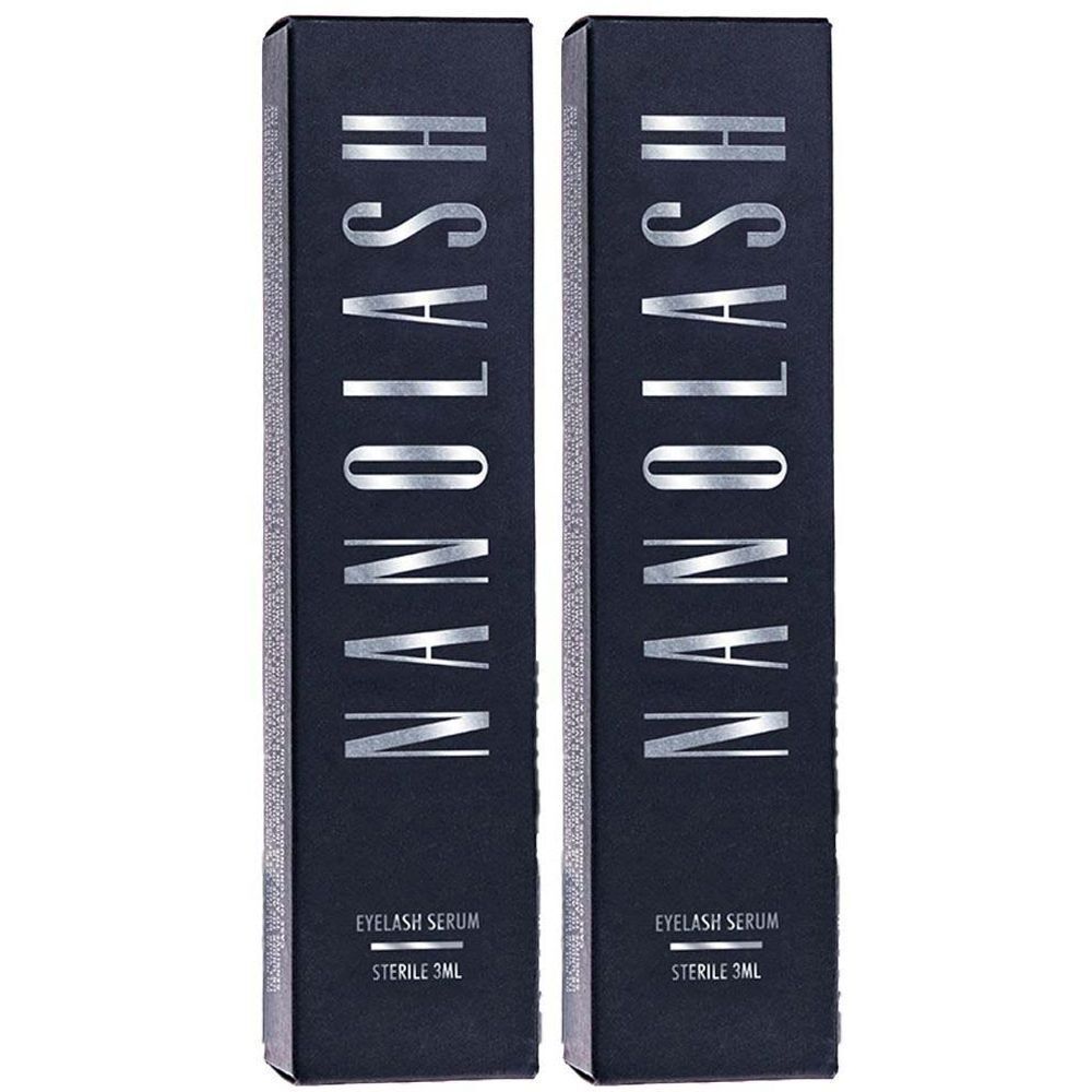 Deux boîtes noires avec l'inscription argentée NANOLASH. Inscription : Eyelash Serum, Sterile 3ml.