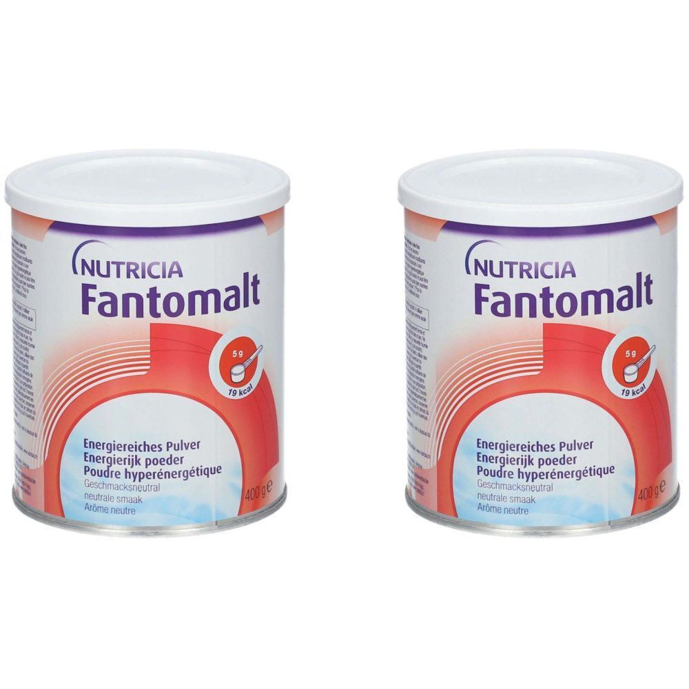 Zwei Dosen Fantomalt. Weiße Deckel, zylindrische Dosen mit rotem und weißem Design. Aufschrift: NUTRICIA, Fantomalt, Energiereiches Pulver.