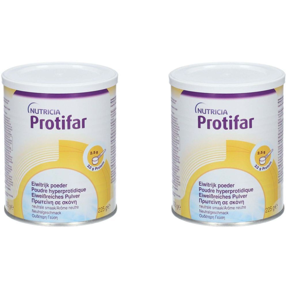 Deux boîtes de Protifar. Couvercles blancs, texte violet. Inscription : Nutricia, Protifar, Eiwitrijk poeder, 22g protéines. 225g.