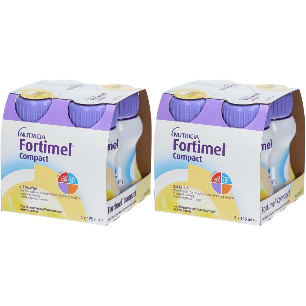 Zwei Packungen Fortimel Compact. Jede Packung enthält vier Flaschen. Aufdruck: Nutricia, Fortimel Compact, 2,4 kcal.