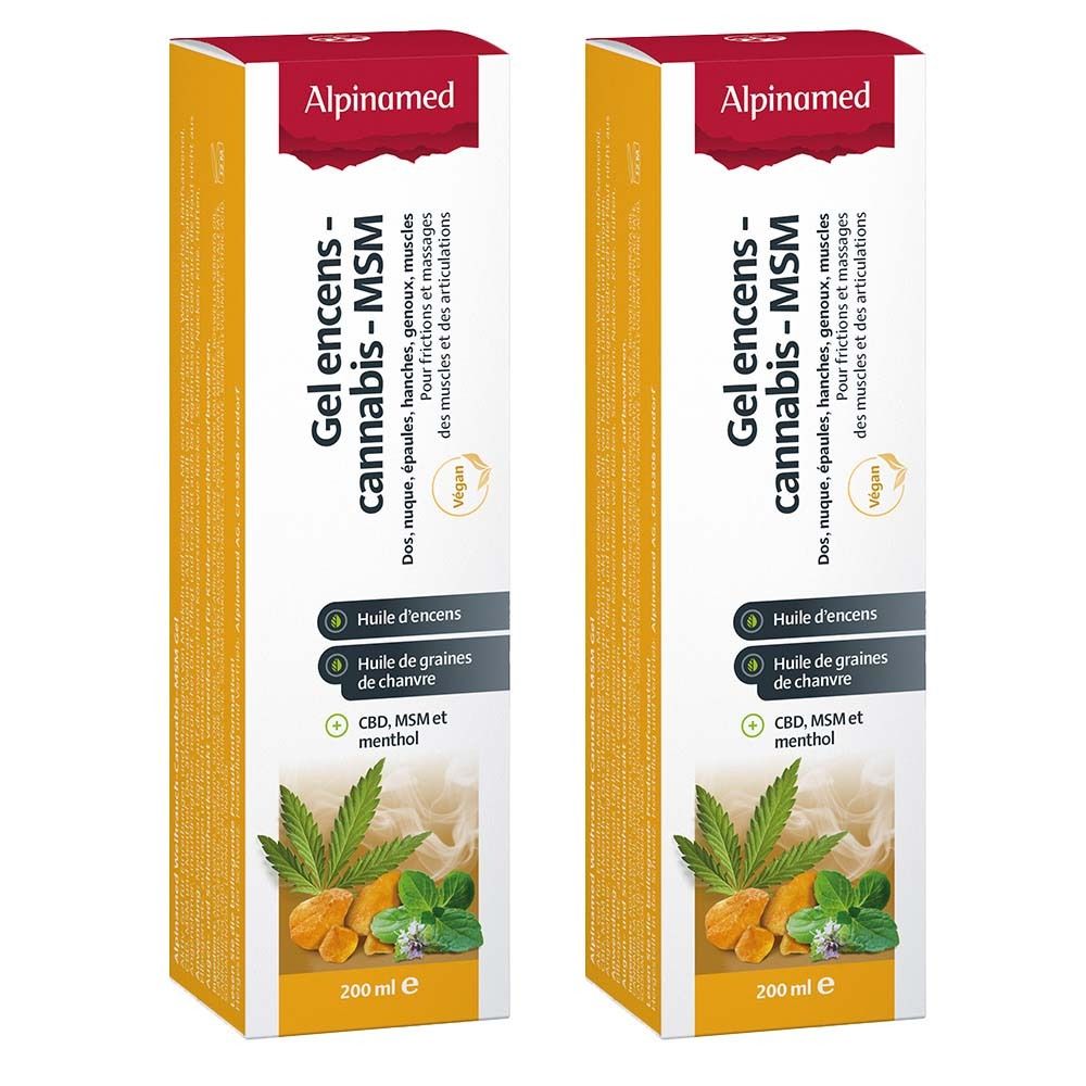 Deux emballages allongés avec design rouge et jaune. Inscription: Alpinamed, Gel encens-cannabis-MSM. Label vegan.