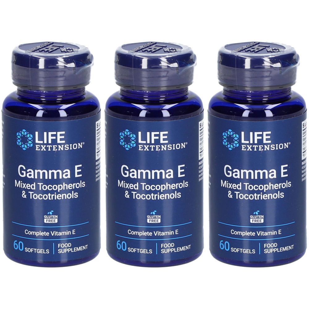 Drei blaue Flaschen mit Kapseln. Aufschrift: LIFE EXTENSION Gamma E, gemischte Tocopherole & Tocotrienole. 60 Softgels.