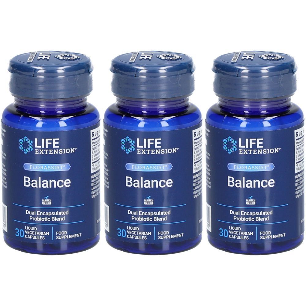 Drei blaue Flaschen mit dem Produktnamen "Balance". Auf jeder Flasche steht "LIFE EXTENSION" und "Florassist". Jede Flasche enthält 30 Kapseln.