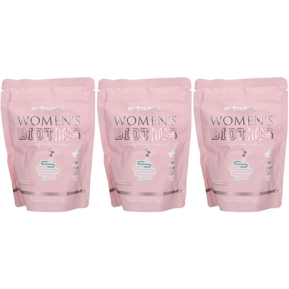 Drei rosa Beutel mit der Aufschrift "WOMEN'S BIOTICS". Aufdruck eines Darms und weiterer Symbole.