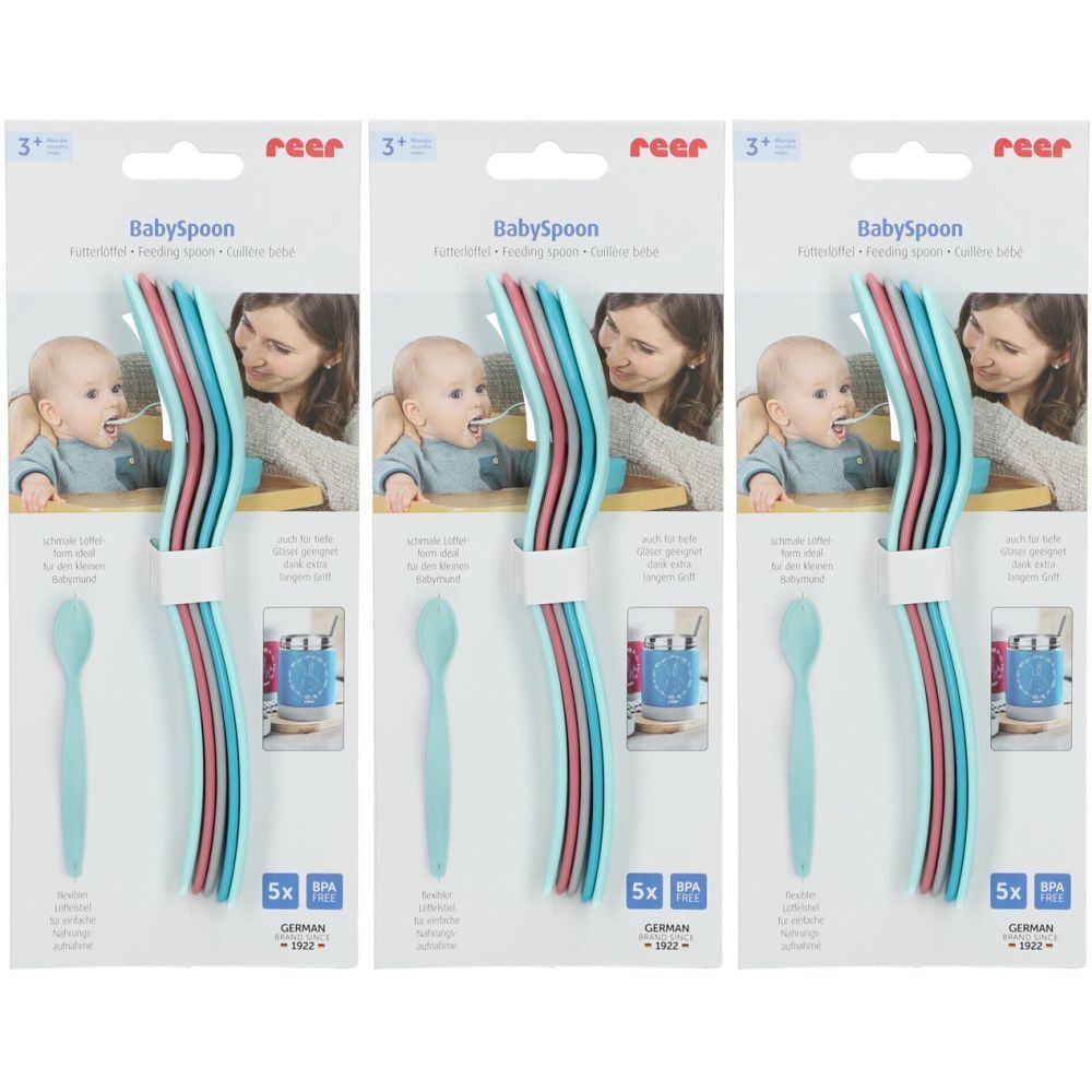 Drei Packungen Baby-Esslöffel. Jede Packung enthält einen Löffel und fünf farbige Löffel. Marke: reer. BPA-frei.