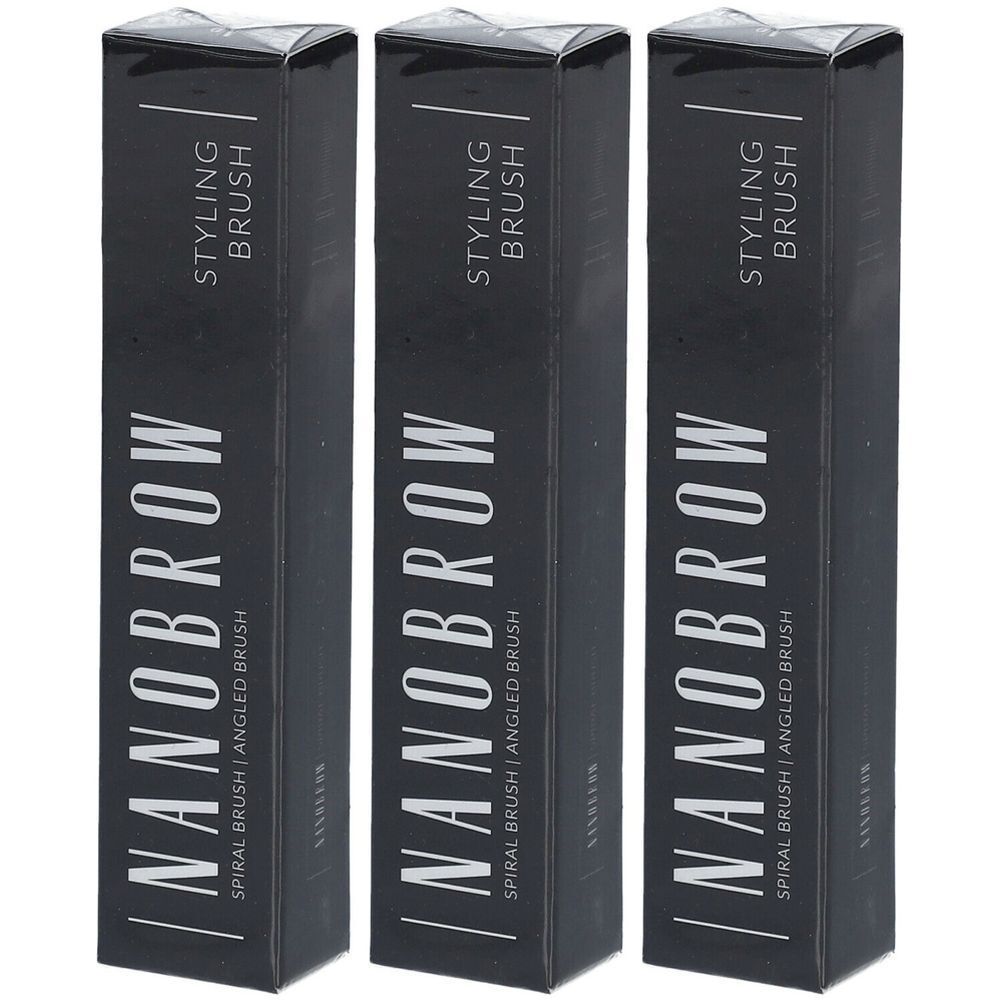 Trois boîtes noires avec texte blanc. On lit "NANOBROW", "STYLING BRUSH" et "SPIRAL BRUSH | ANGLED BRUSH" sur chacune.
