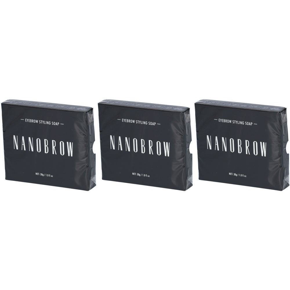 Drei schwarze Verpackungen mit der Aufschrift "NANOBROW Eyebrow Styling Soap". Jede Packung hat ein weißes Logo und Text.