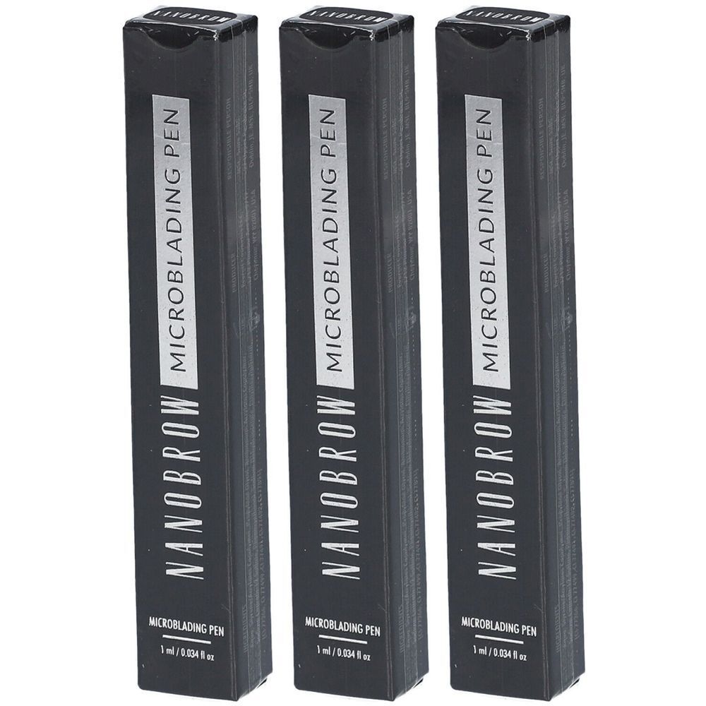 Drei schwarze Verpackungen für NANOBROW Microblading Pen. Aufschrift: Microblading Pen, NANOBROW. 1 ml / 0.034 fl oz.