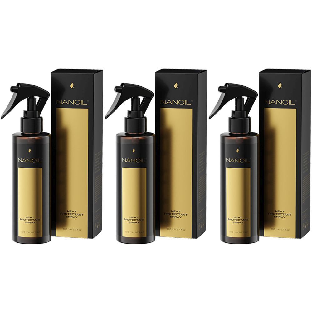 Trois flacons avec vaporisateur et emballage en carton. Inscription NANOIL et HEAT PROTECTANT SPRAY. Éléments dorés et noirs.