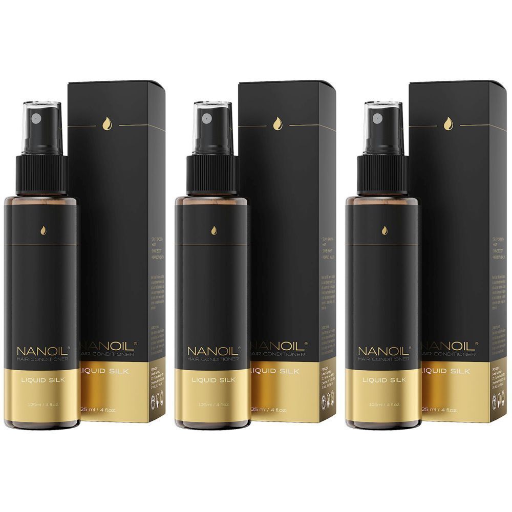 Trois flacons de NANOIL® Schaumfestiger avec étiquettes noires et vaporisateurs, dans des boîtes noires. Accents dorés.