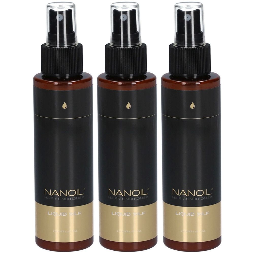 Drei Flaschen NANOIL Hair Conditioner. Schwarze Flaschen mit Sprühkopf. Aufschrift: Liquid Silk.