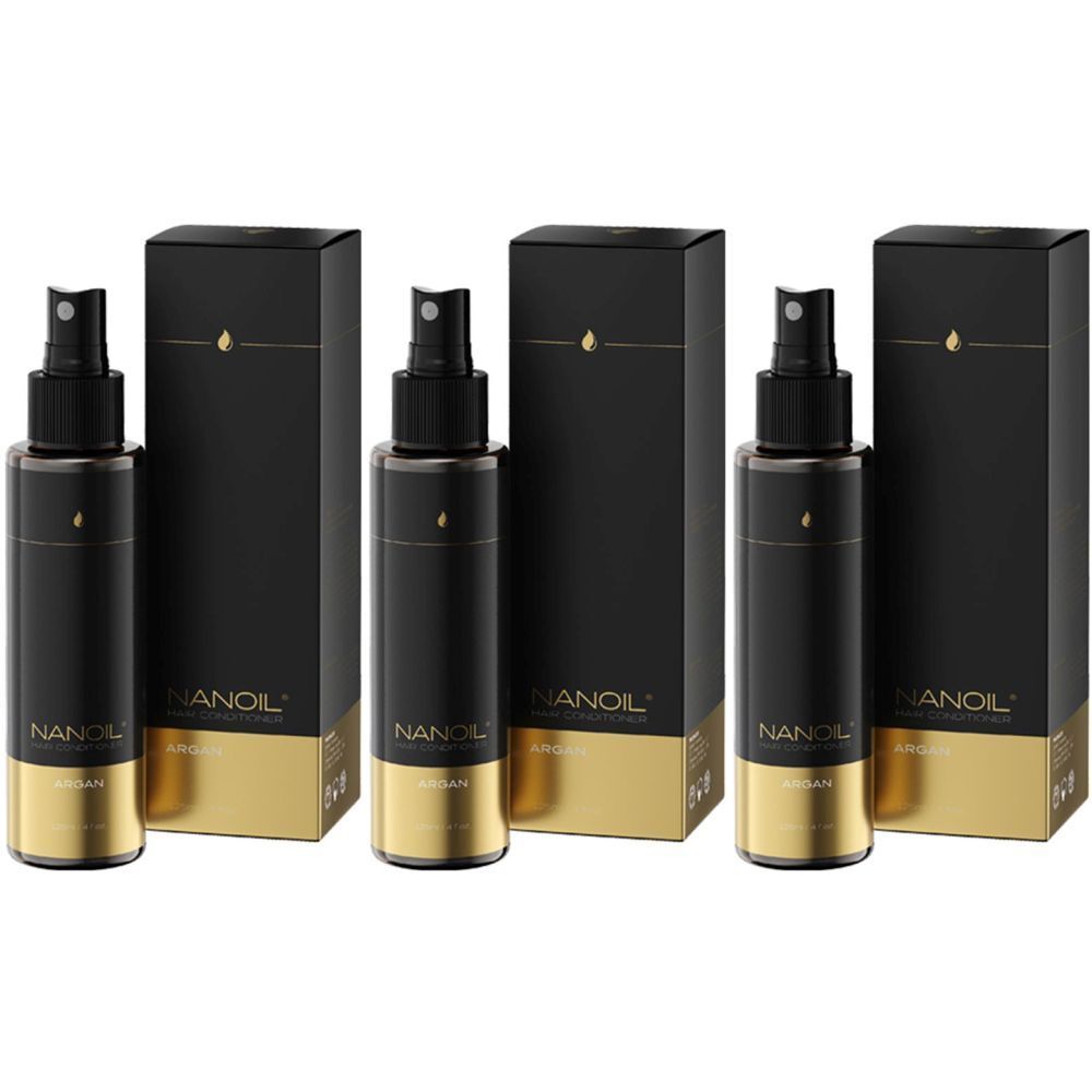 Drei schwarze Flaschen mit Sprühkopf und goldfarbenem Boden, neben schwarzen Schachteln. Aufschrift: NANOIL, Argan.