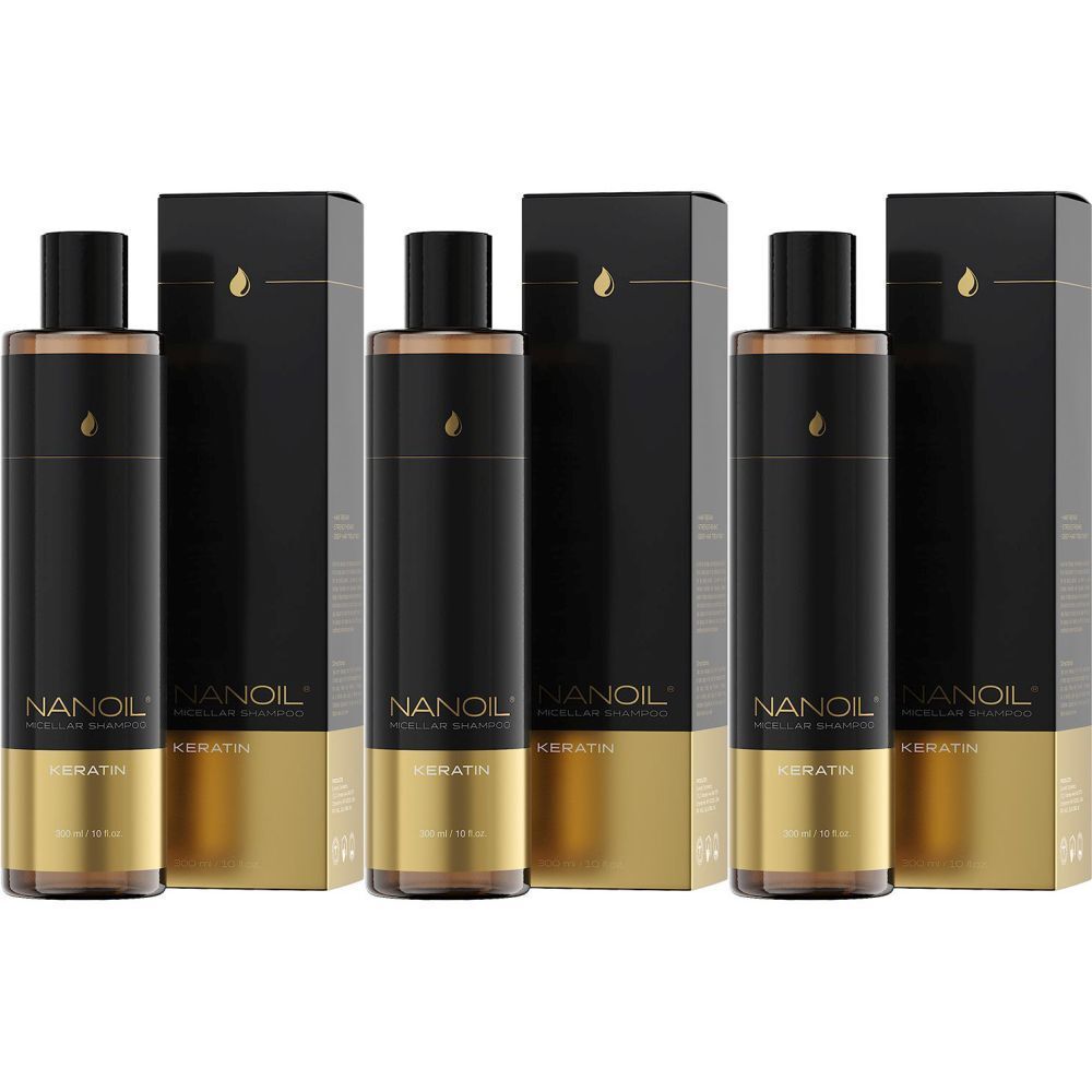 Drei Flaschen NANOIL Keratin Micellar Shampoo mit schwarzen und goldenen Etiketten und Verpackungen. Aufschrift: Keratin.