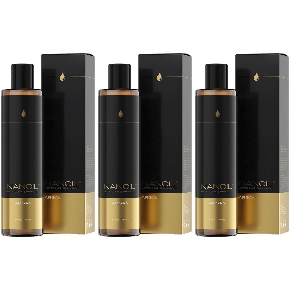 Trois flacons de shampooing micellaire NANOIL Argan, noirs et dorés, avec des boîtes noires.