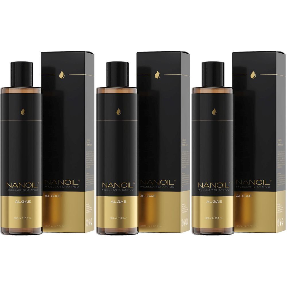 Drei Flaschen und Verpackungen. Schwarze Flaschen mit goldfarbenen Akzenten. Aufschrift: NANOIL, Algen-Micellar-Shampoo.