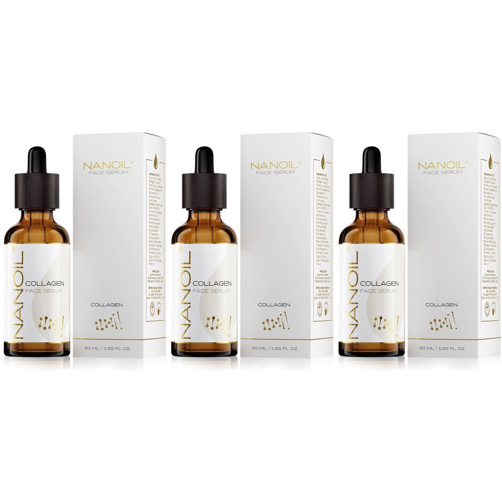Drei Flaschen mit braunem Serum und schwarzen Pipetten. Weiße Verpackung mit Produktnamen und Logo. Aufschrift: COLLAGEN FACE SERUM.