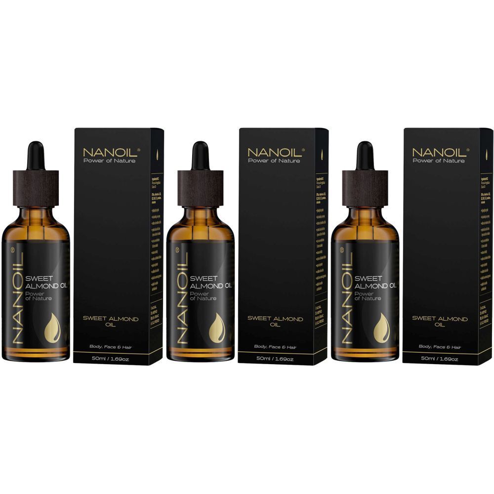 Trois flacons d'huile brune et boîtes noires. Les flacons indiquent "NANOIL Sweet Almond Oil".