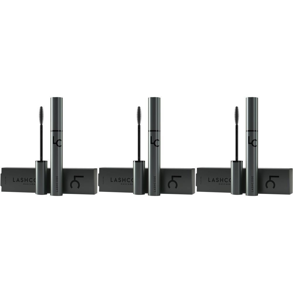 Trois tubes de mascara gris avec brosses et étuis rectangulaires gris. Le logo LC est visible sur les tubes et les étuis.