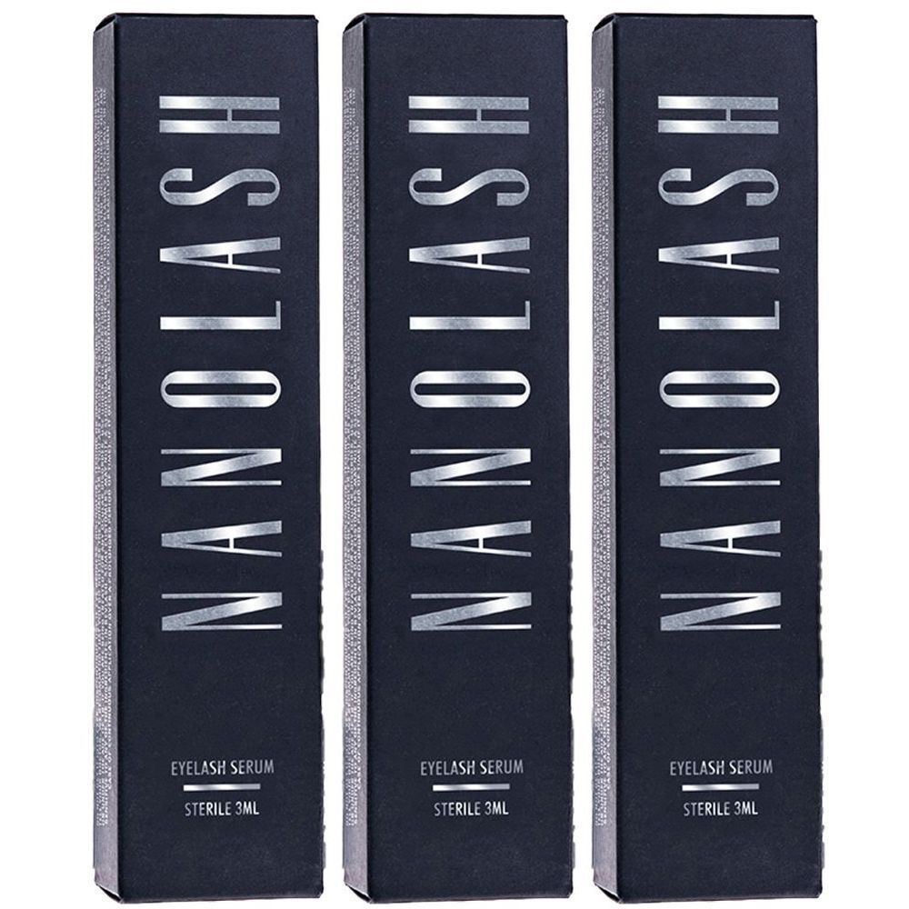 Trois boîtes noires avec le mot NANOLASH en argent. En dessous, il est écrit « EYELASH SERUM STERILE 3ML ».