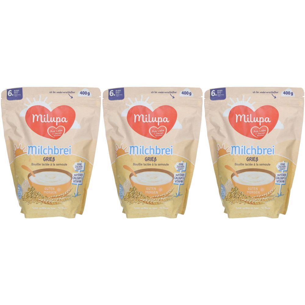 Drei Beutel Milupa Milchbrei Grieß. Beige Verpackung mit rotem Herz-Logo. Text: Milchbrei, Grieß, 400g.