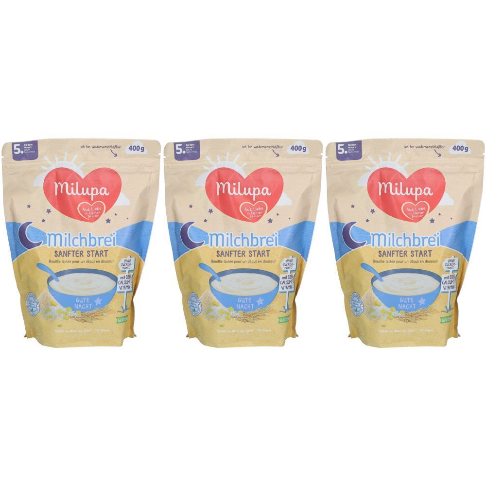 Drei Beutel Milupa Milchbrei Sanfter Start. Beige Verpackung mit Herz-Logo, Mond und Sternen. Text: Milchbrei, Sanfter Start.