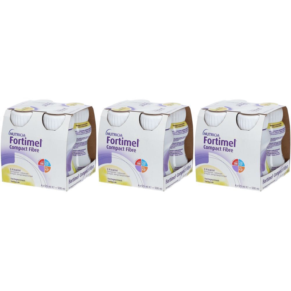 Trois emballages de Fortimel Compact Fibre. Chaque emballage contient quatre bouteilles. Inscription : Nutricia, Compact Fibre.