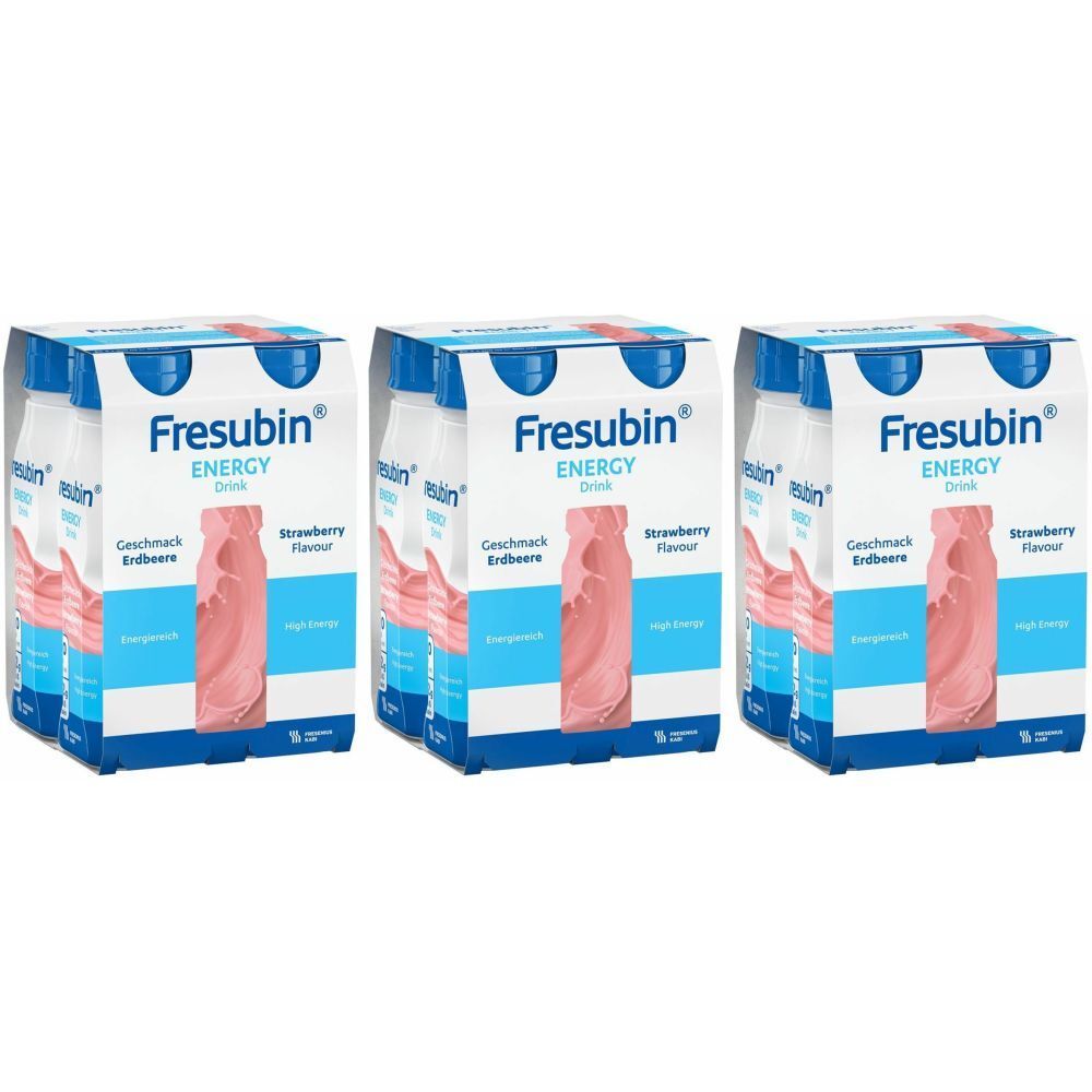Drei Packungen FRESUBIN® Energy Drink Erdbeere. Jede Packung enthält Flaschen mit rosa Flüssigkeit. Aufdruck: Energy Drink, Erdbeergeschmack.