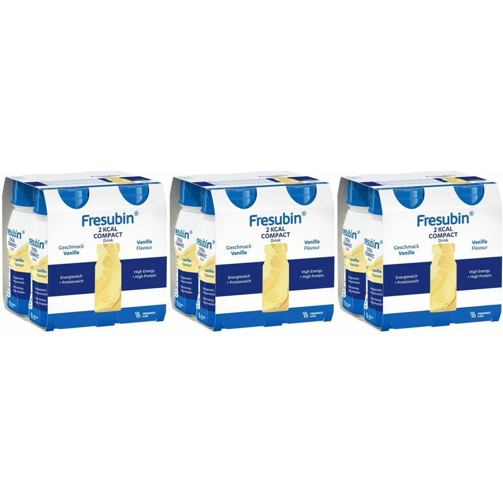 Drei Packungen FRESUBIN® Kompakt Getränk Vanille. Jede Packung enthält Flaschen mit Produktinformationen und dem Logo.