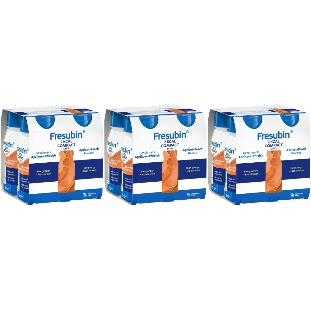 Plusieurs packs de FRESUBIN® Kompakt Getränk. Emballage bleu et blanc avec image du produit et texte. Inscription : 2 kcal Compact, saveur abricot-pêche.