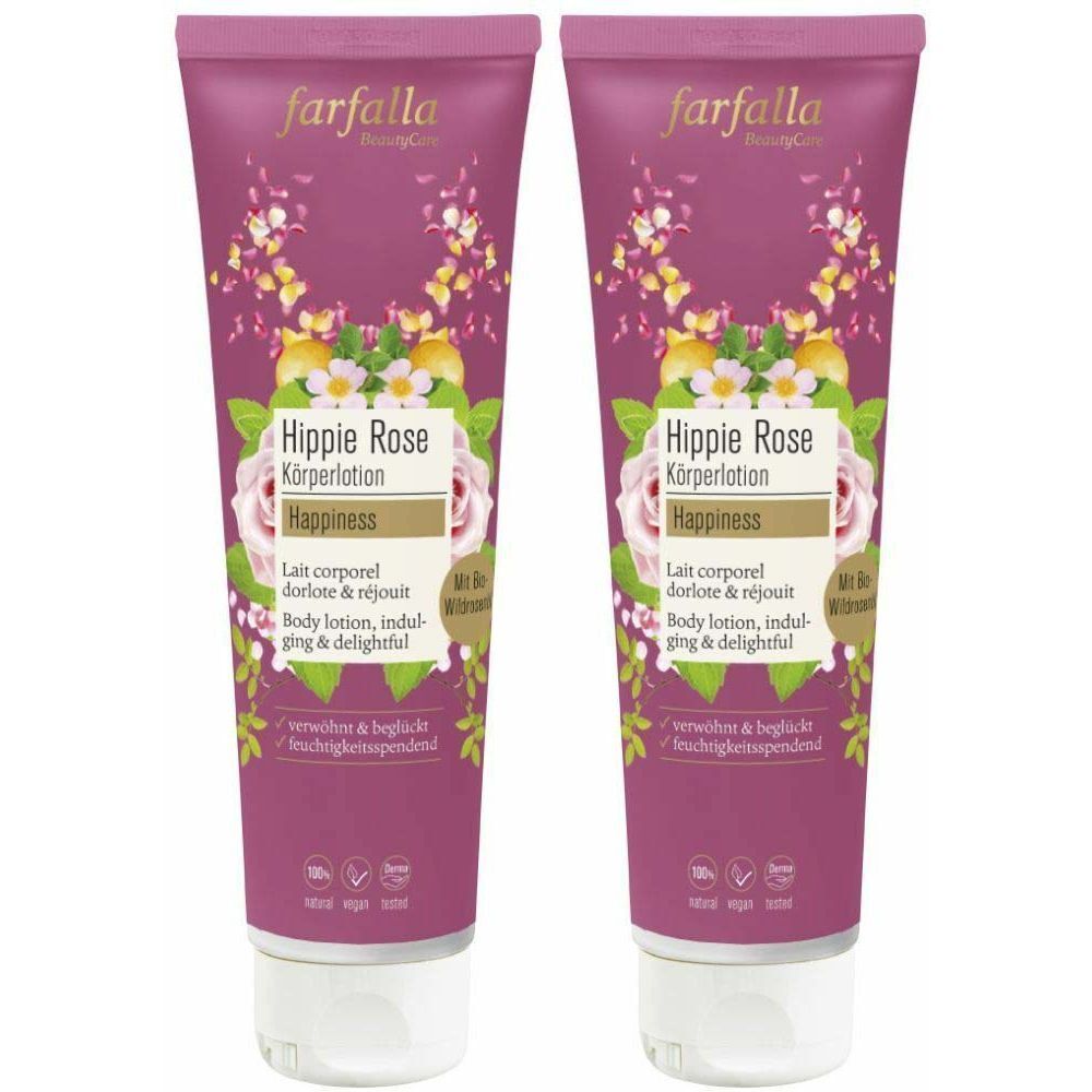 Zwei Tuben Körperlotion. Aufschrift: Hippie Rose, Körperlotion, Happiness. Lila Tube mit floralem Design. Vegan.