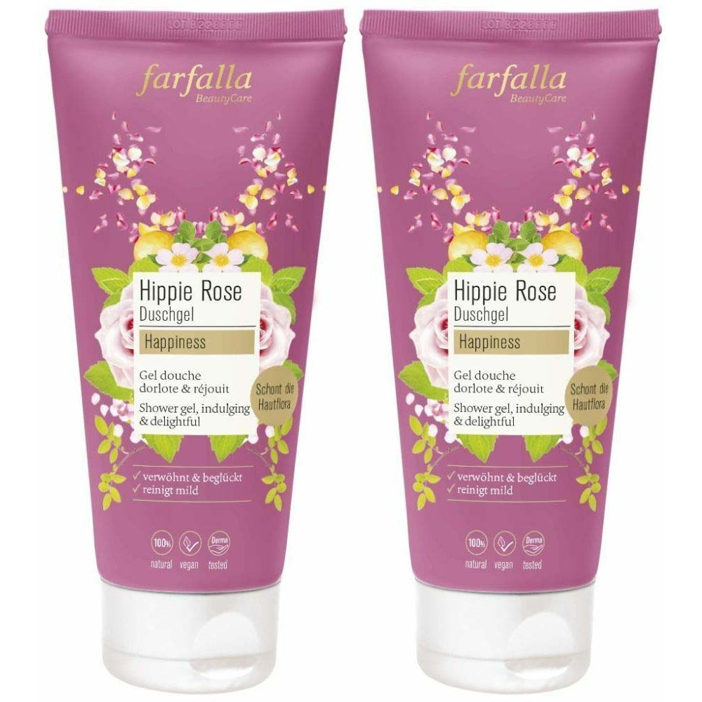Zwei Tuben Duschgel mit floralem Design. Aufschrift: Hippie Rose Happiness, farfalla BeautyCare. Vegan, natürlich.