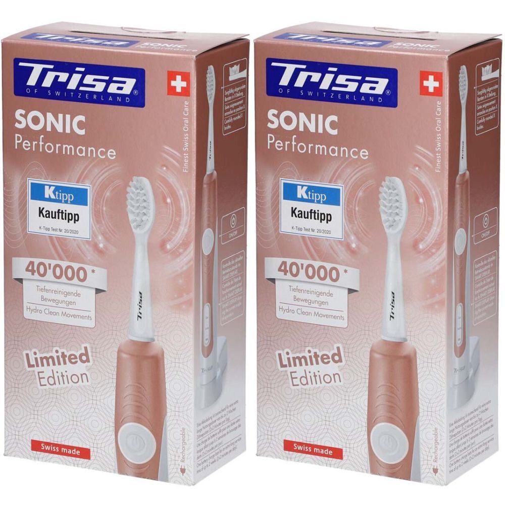 Zwei Verpackungen der elektrischen Zahnbürste TRISA Sonic Performance. Aufdruck: Marke, Produktname, Auszeichnungen, 40.000 Bewegungen, Limited Edition.