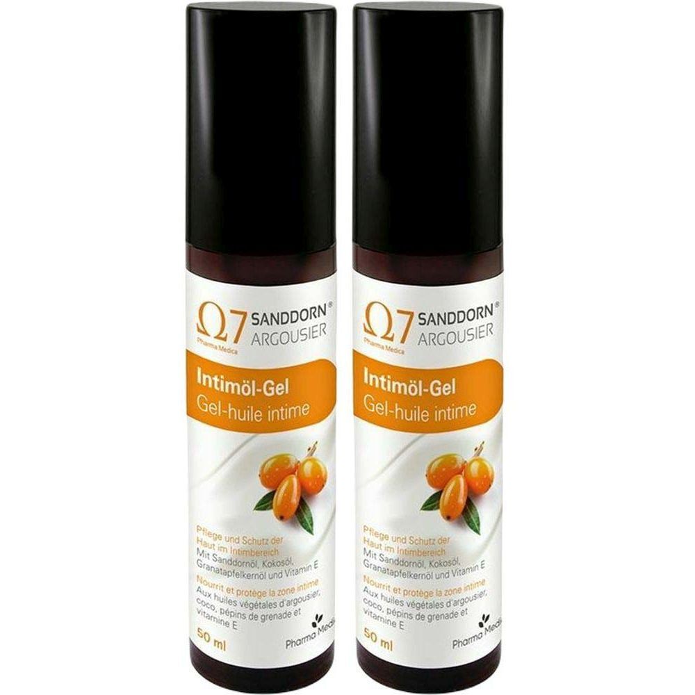 Zwei Flaschen Intimöl-Gel. Schwarze Kappe, weißes Etikett mit Produktnamen und Abbildung von Sanddorn-Früchten. 50 ml.