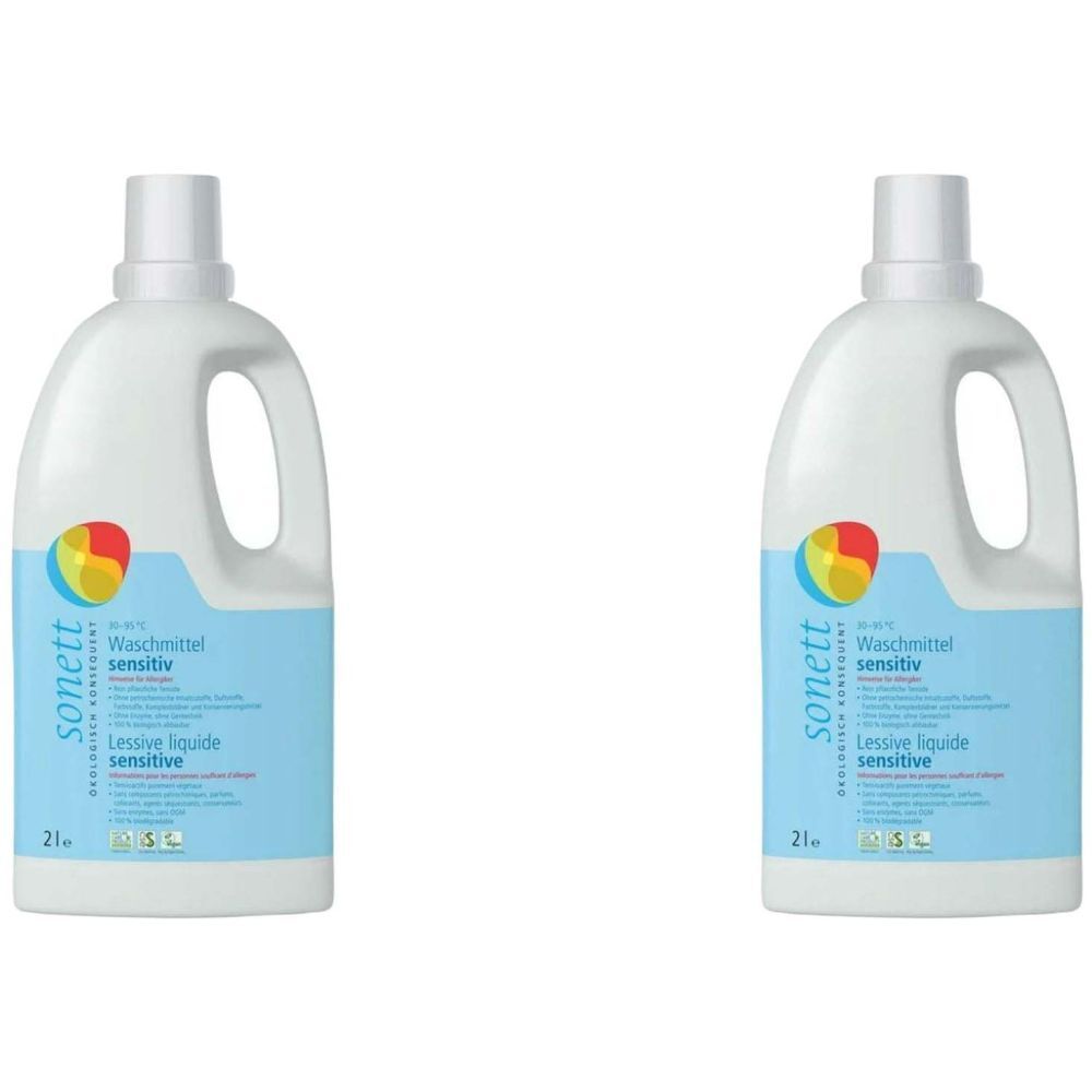 Zwei weiße Flaschen Waschmittel. Blaue Etiketten mit Text und Logo. Aufschrift: sonett Waschmittel sensitiv.