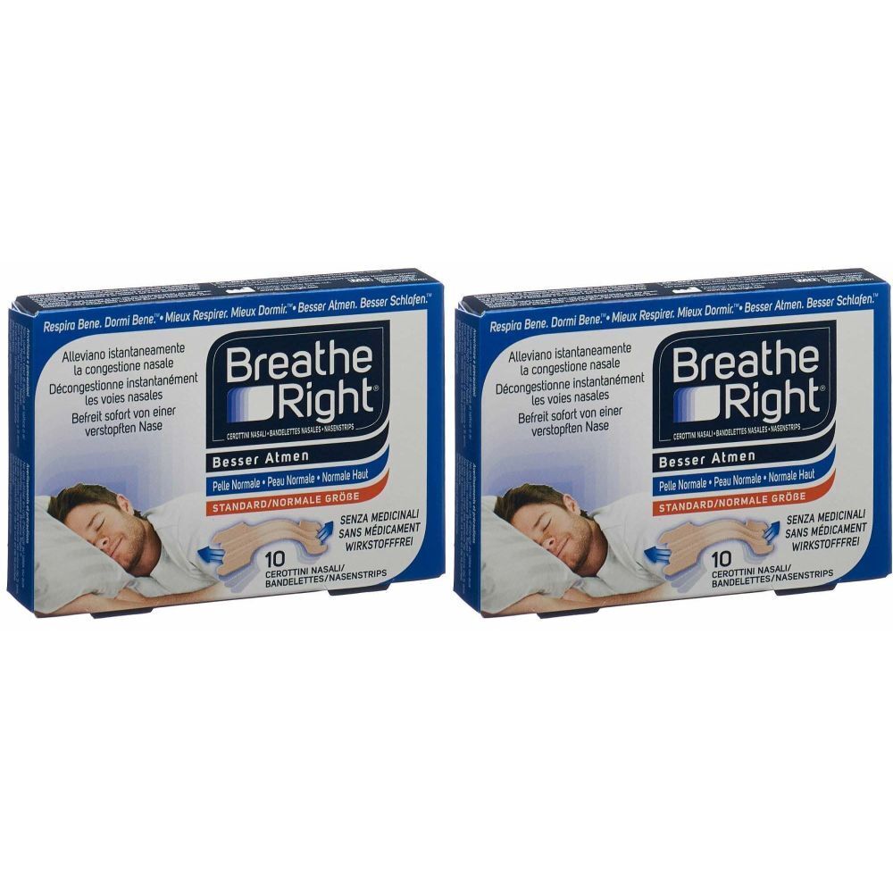 Deux boîtes de bandes nasales "Breathe Right". Inscription "Besser Atmen", "10". Illustration d'un homme dormant.