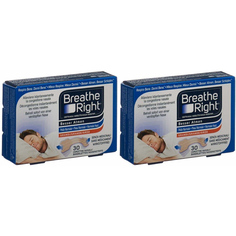 Deux boîtes bleues "Breathe Right". Inscriptions multilingues, dont "Besser Atmen" et "30". Un homme endormi est représenté.