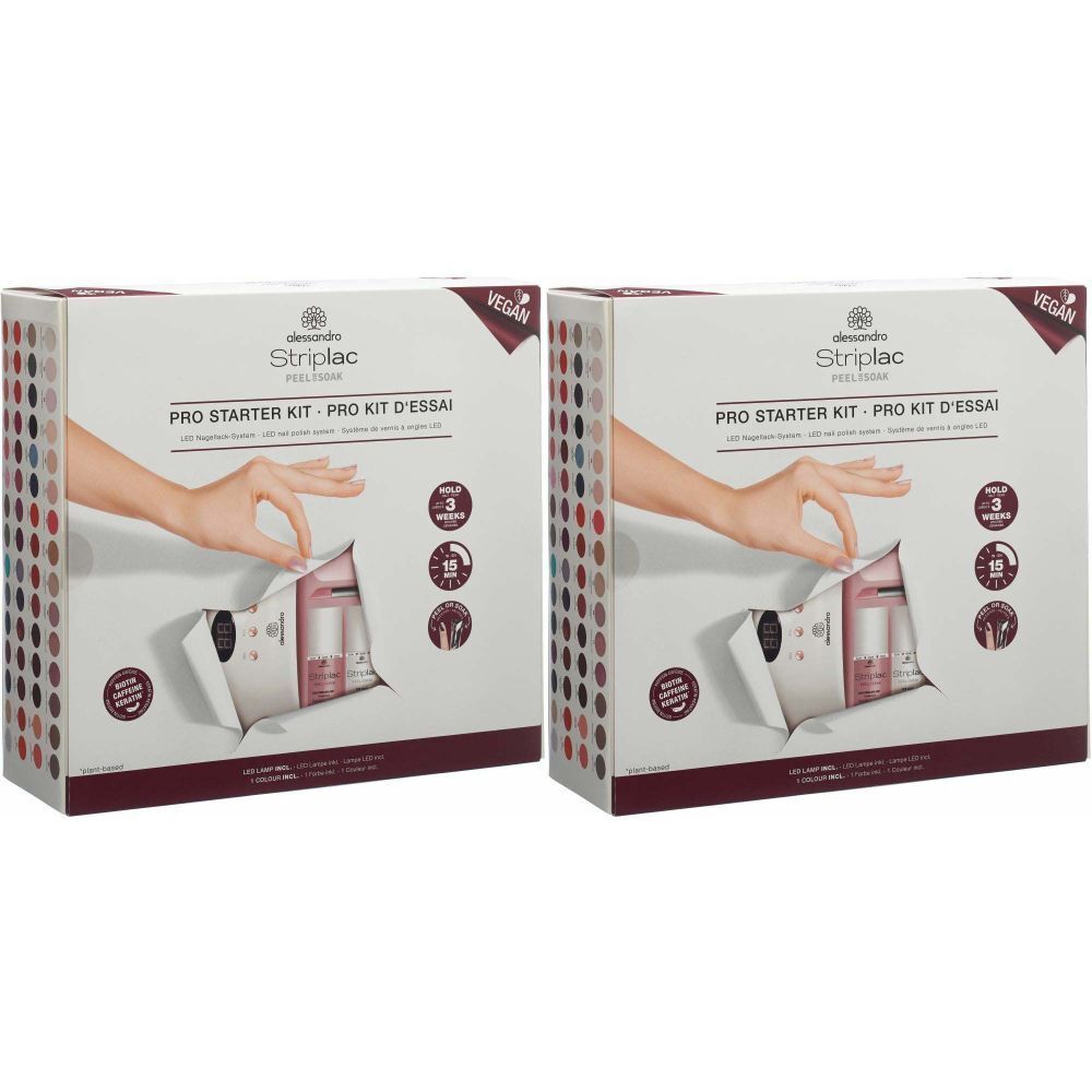 Zwei alessandro Striplac Pro Starter Kits. Karton mit Produktabbildung und Schriftzug. Vegan-Siegel.
