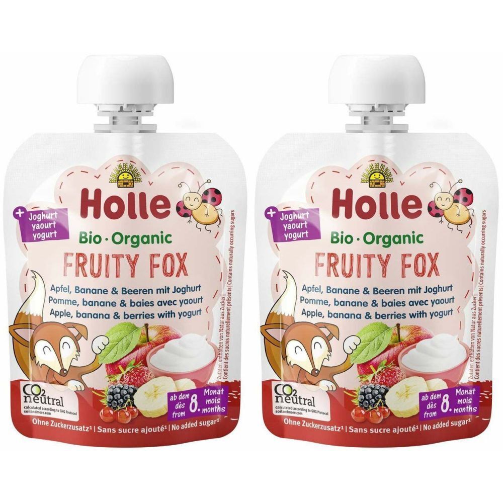 Deux gourdes HOLLE Fruity Fox. Inscription : Pomme, banane & baies avec yaourt. Bio-Organic. Avec bouchon blanc.