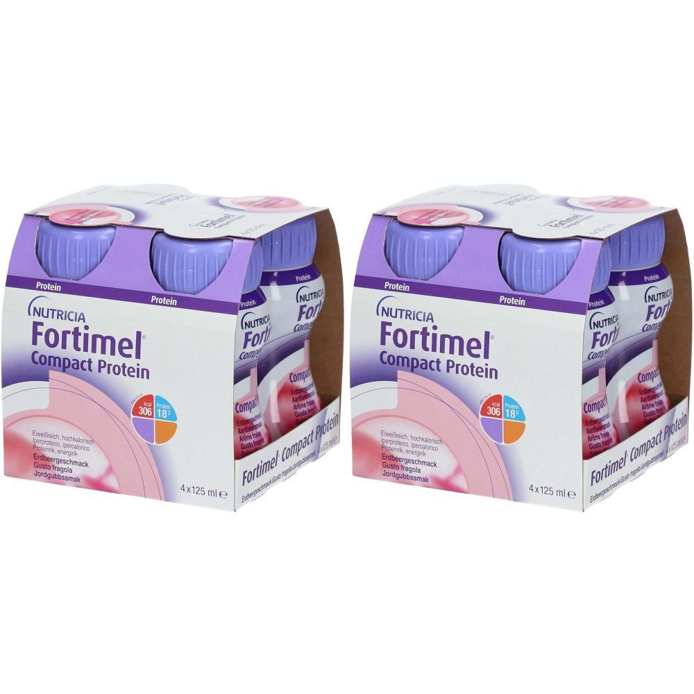 Zwei Packungen mit je vier Flaschen. Aufschrift: Nutricia Fortimel Compact Protein. Flaschen mit lila Deckel, rosa Etikett.