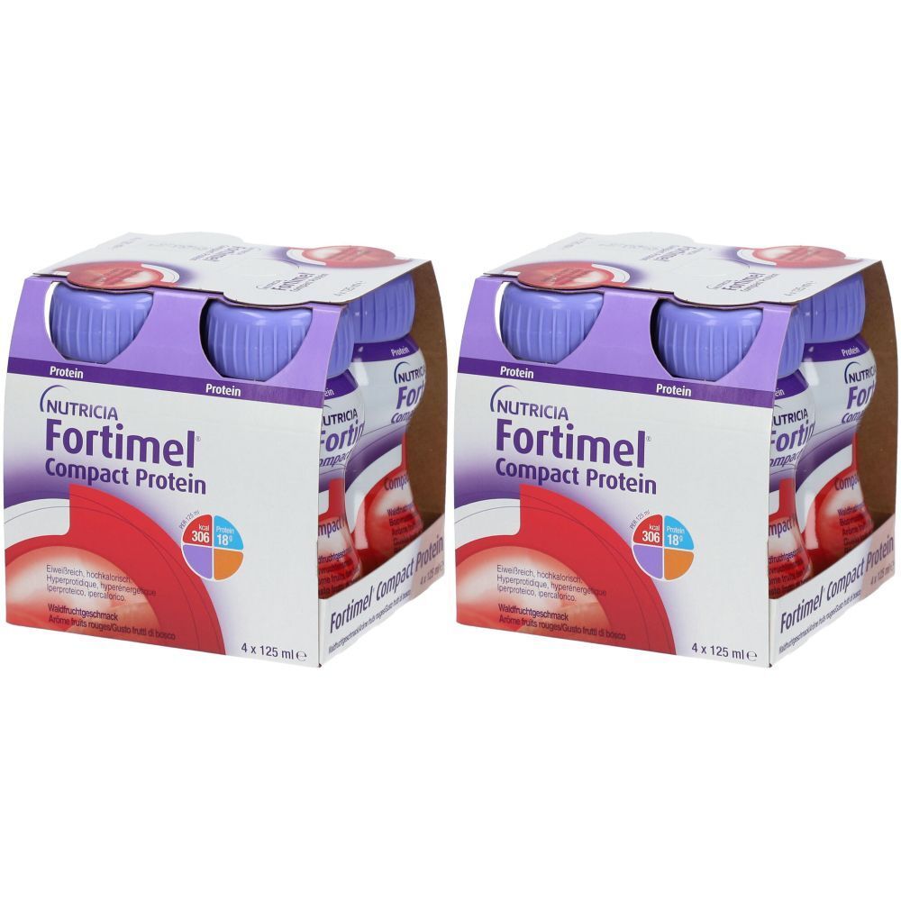 Zwei Packungen NUTRICIA Fortimel Compact Protein. Jede Packung enthält 6 Flaschen. Aufschrift: Compact Protein.
