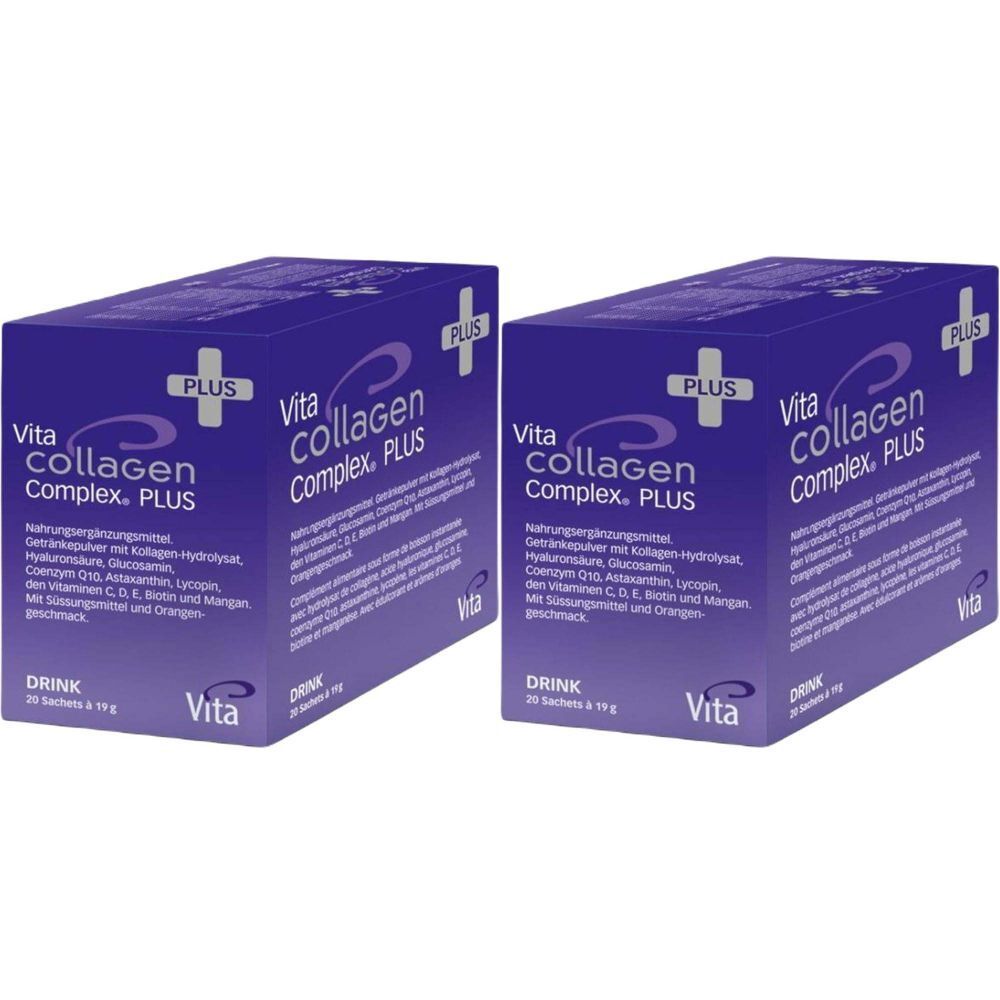 Zwei Packungen Vita Collagen Complex Plus. Blaue Schachteln mit weißer Schrift. Plus-Symbol oben.