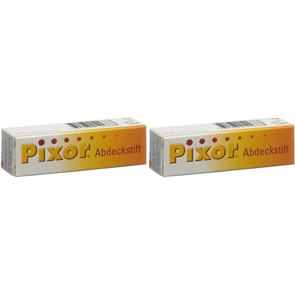 Zwei rechteckige Schachteln. Aufdruck: "Pixor Abdeckstift". Gelb-orange Farbverlauf, rote Punkte, weißer Hintergrund.