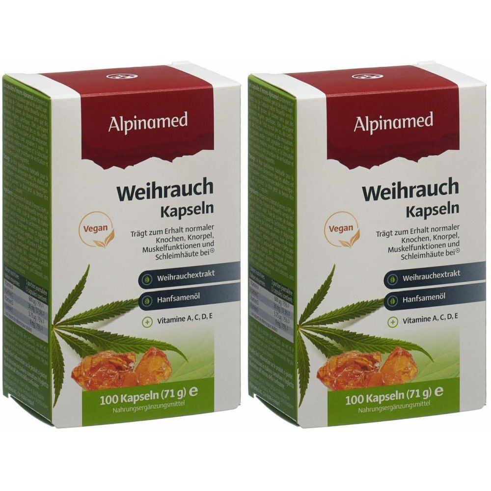 Zwei Schachteln mit "Weihrauch Kapseln" von Alpinamed. Vegan, mit Hanfsamenöl und Vitaminen. 100 Kapseln.