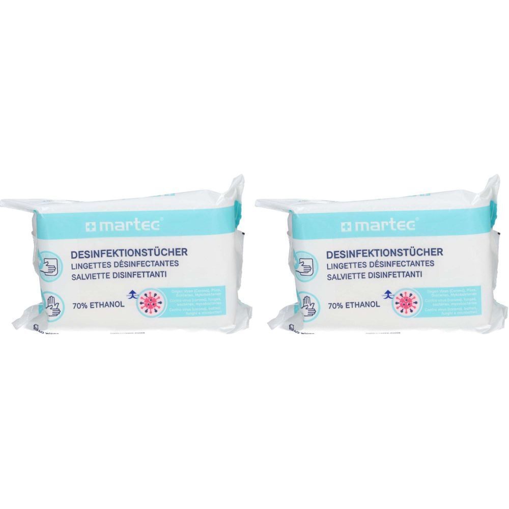 Deux paquets de lingettes désinfectantes. Inscription : martec, lingettes désinfectantes, 70% éthanol. Emballage blanc avec bande bleu clair.