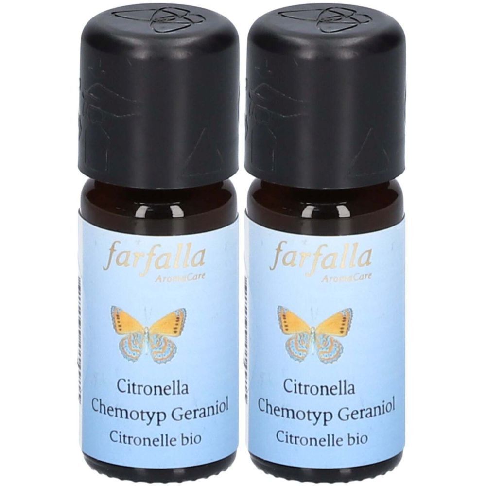 Zwei kleine braune Glasflaschen mit schwarzen Deckeln. Auf den Etiketten steht "farfalla" und "Citronella".