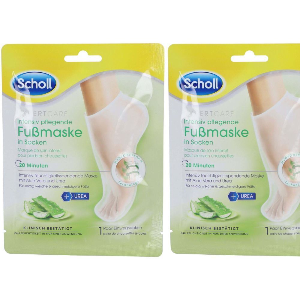 Zwei Packungen Fußmaske mit Aloe Vera und Urea. Marke Scholl. Verpackung mit Fußabbildung und Produktinformationen.