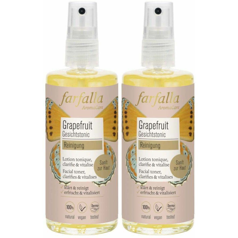 Zwei Flaschen FARFALLA Grapefruit Gesichtstonic. Aufschrift: Grapefruit Gesichtstonic, Reinigung, Lotion tonique, clarifie & vitalise, Facial toner, clarifies & vitalises.