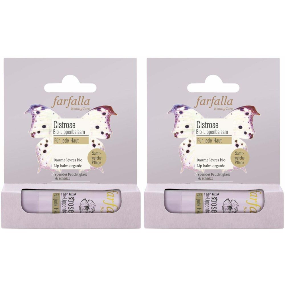 Twee verpakkingen lippenbalsem. Opschrift: farfalla, Cistrose Bio-Lippenbalsam, Für jede Haut. Lippenbalsem-stift in witte huls.