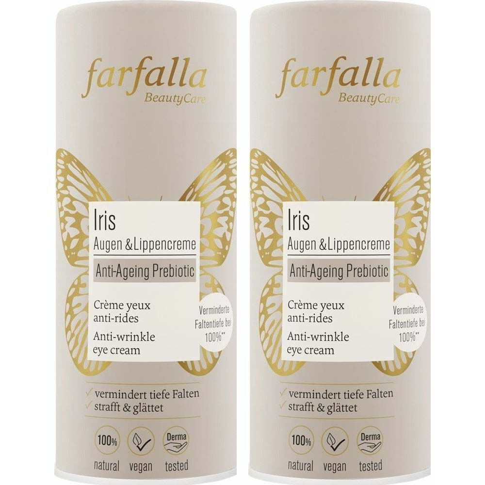 Zwei zylindrische Behälter. Aufschrift: farfalla BeautyCare, Iris Augen & Lippencreme, Anti-Ageing Prebiotic. Logos: 100%, natural, vegan, Derma tested.